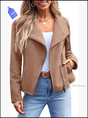 Faux Suede Leather Jacket, Cropped Open Front Coat for Fall Winter Spring